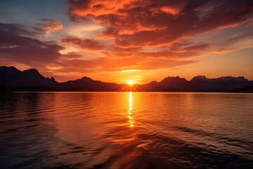 sunset over mountains and lake