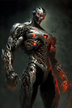 cyborg assassin seven feet tall it was a towering figure with a sleek and muscular body made of a combination of organic and cybernetic parts Its skin was a metallic silver color with glowing red 