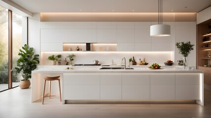 Obraz na płótnie Canvas Modern kitchen interior design with LED lighting- Generative AI