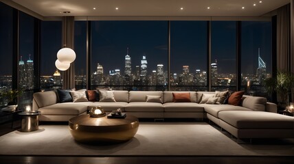 Sleek and sophisticated modern living room interior in a penthouse - Generative AI - obrazy, fototapety, plakaty