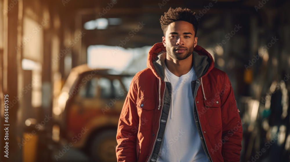 Wall mural Mixed-race man flaunting a trendy bomber jacket,  ripped jeans,  and high-top sneakers