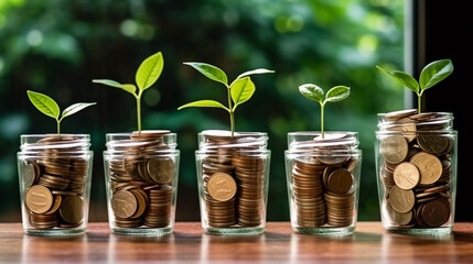 Young plants growing from coins in several savings jars, saving money for future, alternative investments and sustainability concept.