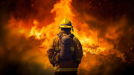 Back of a firefighter fighting a blaze.