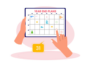 Someone is planning holiday on his calendar. End of year celebration party vector illustration. Year end vector illustration.