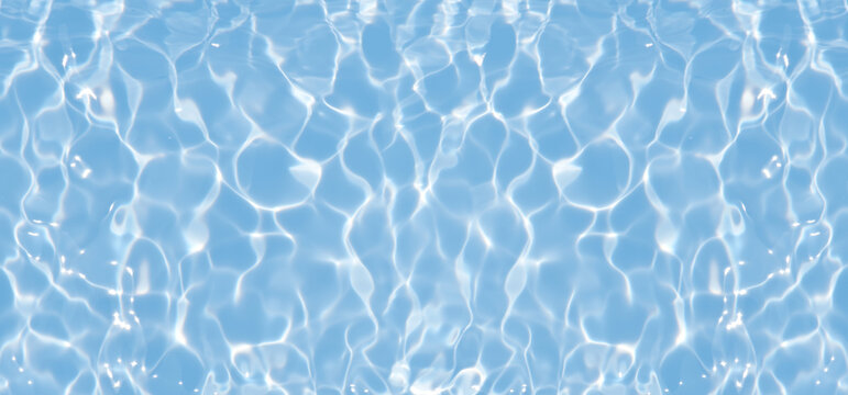 Defocus blurred transparent blue colored clear calm water surface texture with splashes reflection. Trendy abstract nature background. Water waves in sunlight with copy space. Blue watercolor shine.