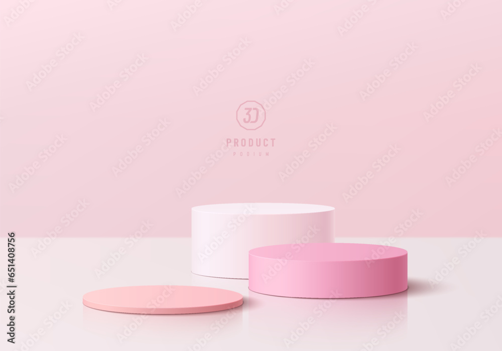 Fototapete 3d background with set of realistic white, red and pink cylinder pedestal podium on pastel scene. pl