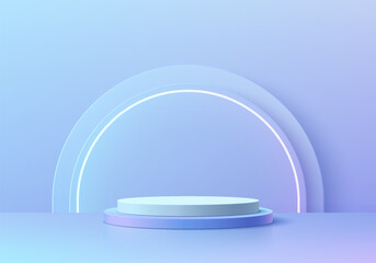 3D background with blue hologram cylinder pedestal podium and semi circle glowing neon light wall scene. Platforms product display presentation. Abstract composition in minimal design. Stage showcase.