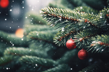 Fototapeta na wymiar Decorated Christmas tree in snowy winter, blurred background