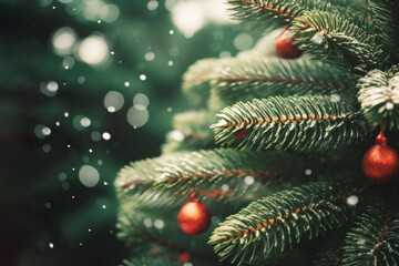 Decorated Christmas tree in snowy winter, blurred background