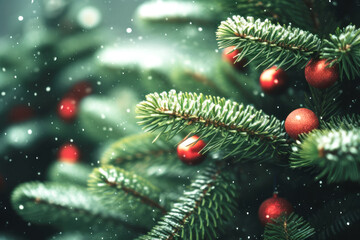 Obraz na płótnie Canvas Decorated Christmas tree in snowy winter, blurred background