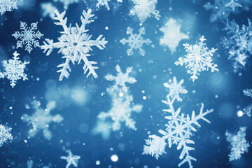 Falling snowflakes on dark blue background, Snowfall illustration.