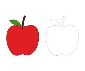 Apple. Trace and color for children, coloring page or book, apple vector illustration. Isolated white background.