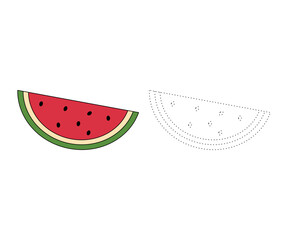 Watermelon. Trace and color for children, coloring page or book, watermelon vector illustration. Isolated white background.
