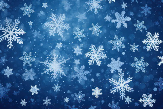 Falling snowflakes on dark blue background, Snowfall illustration.