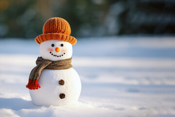 Snowman with scarf and hat in snowy park, winter christmas landscape