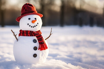 Snowman with scarf and hat in snowy park, winter christmas landscape