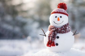 Fototapeta premium Snowman with scarf and hat in snowy park, winter christmas landscape