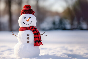 Obraz premium Snowman with scarf and hat in snowy park, winter christmas landscape