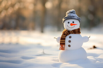 Snowman with wool scarf hat in snowy park, winter christmas landscape