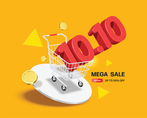 number 10.10 red 3d float down into shopping cart and all placed on white circular podium for designing mega sale promotions