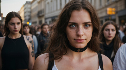 Portrait of tired young woman student standing alone in city center and looking at camera with straight face while crowds of men and women are whizzing around
