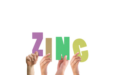 Digital png illustration of hands and zinc text on transparent background