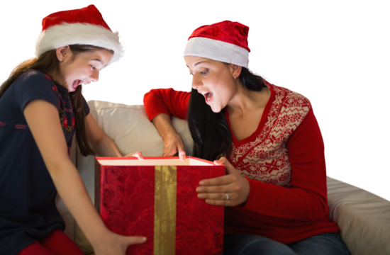 Digital png photo of happy mother and daughter looking on gift on transparent background