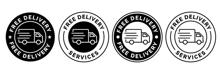 Free delivery shipping icon, home express deliver service vector label with fast car truck. Free shipping delivery badge for mail courier or parcel shipment cargo and food delivery service symbol. © IQ art_Design