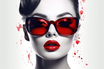 Beautiful woman face with glossy red lips and big sunglasses.