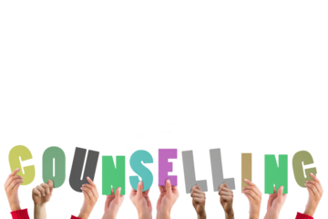 Digital png illustration of hands and counselling text on transparent background