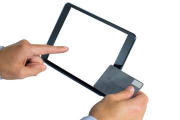 Digital png photo of hands holding credit card and tablet with copy space on transparent background