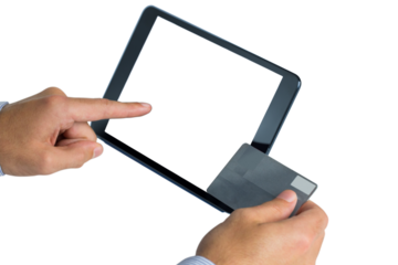 Digital png photo of hands holding credit card and tablet with copy space on transparent background