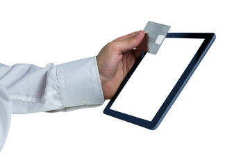 Digital png photo of hand holding credit card and tablet with copy space on transparent background