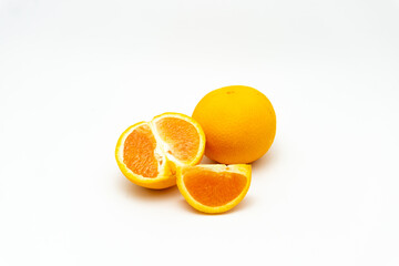 Orange with cut in half isolated on white background.
