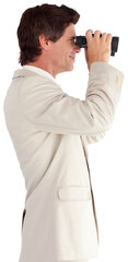 Digital png photo of happy caucasian businessman using binoculars on transparent background