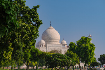 Fototapeta na wymiar Garlic dome architecture of the Taj Mahal temple, Agra, Uttar Pradesh, India is built of white marble