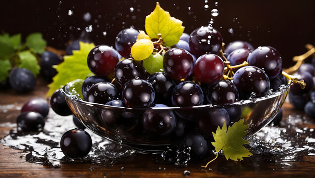 Black Grapes with leaf water splash in bowl. Image is generated with the use of an Artificial intelligence