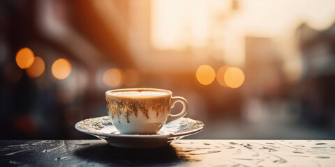 Cup of Coffee on the Table by the window in the cafe