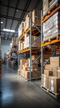 Retail warehouse with shelves on which are cardboard boxes, a store warehouse or a sorting room for product delivery