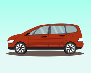 Flat vector illustration of side view of hatchback five door red car on light green background.
 - obrazy, fototapety, plakaty