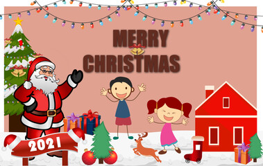 Vector illustration of Merry Christmas poster with kids, christmas tree and Santa Claus, reindeer.

