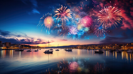 Festive colorful fireworks over the city