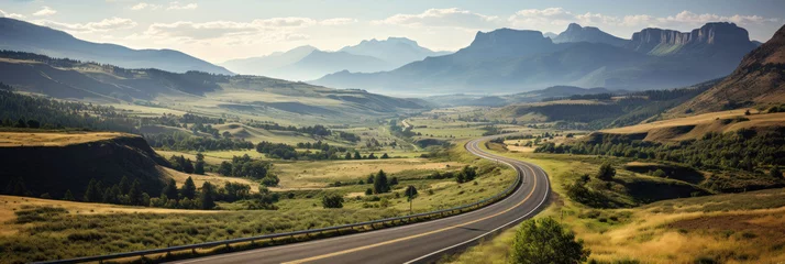 Fotobehang Long automobile road, highway along mountains and forests, travel concept banner, traveling by car © serz72