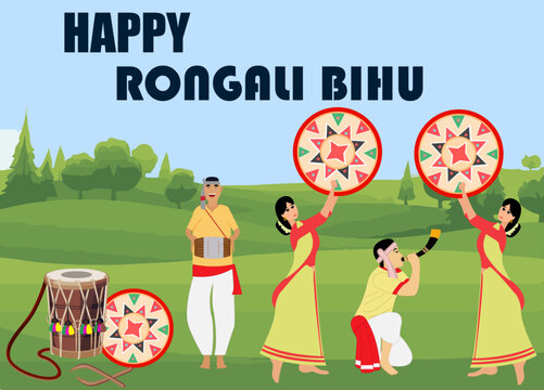 Vector illustration poster of Happy Rongali Bihu, Assamese New Year, with man and woman performing Bihu folk dance. 
