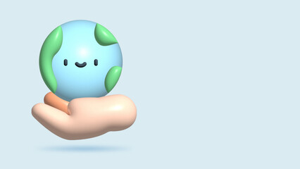 Planet earth with smile happy face in hands icon. 3d realistic object. Handmade art illustration