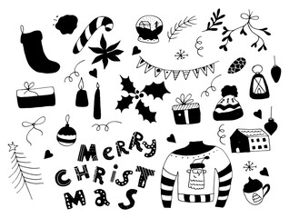 Christmas Design Doodle Elements with Hand Drawn Lettering Vector Set
