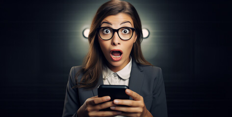 woman in suit acting surprised with phone in hand  hd wallpaper