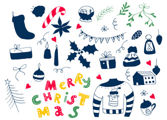 Christmas Design Doodle Elements with Hand Drawn Lettering Vector Set
