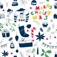 Christmas Seamless Pattern Design with Doodle Elements and Hand Drawn Lettering Vector Template