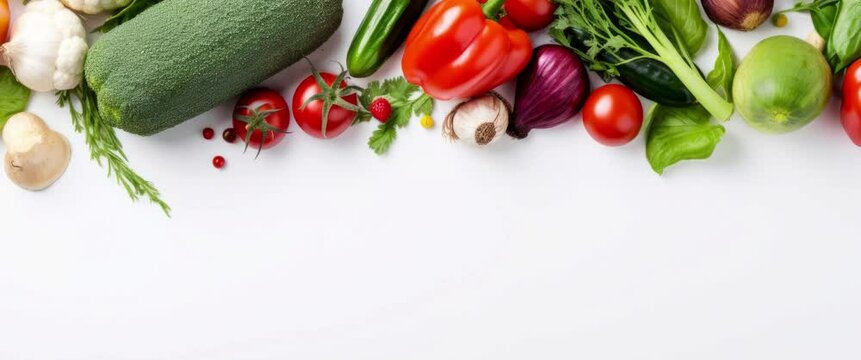 Anamorphic video fresh vegetables frame on kitchen table with space for text